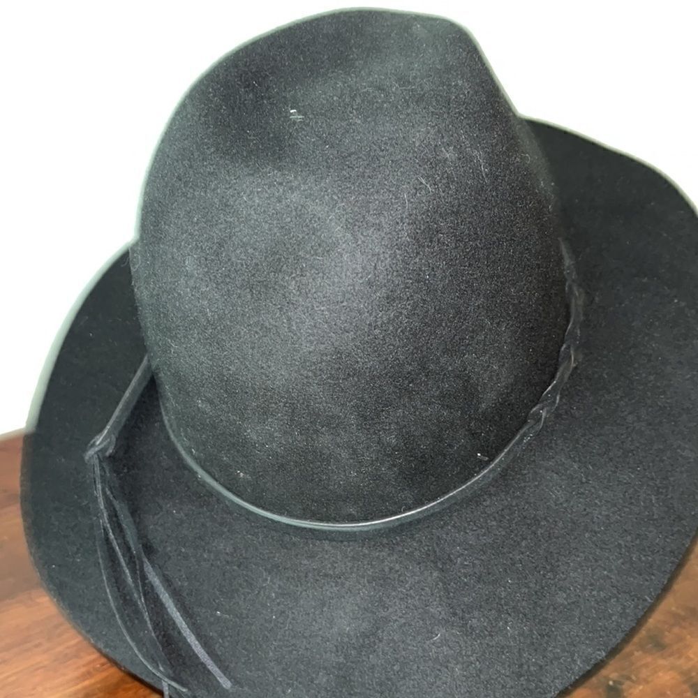 Black Vintage Tall Stack 100% Wool Western Wide Brim Cowboy Rockabilly Hat OSFA - Picture 3 of 6